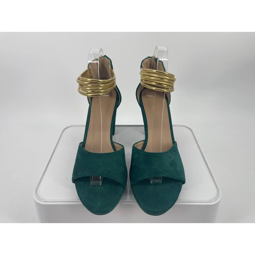 Green Faux Suede Platform Sandals Gold Ankle Cuff Block Heel Women Size 40 9